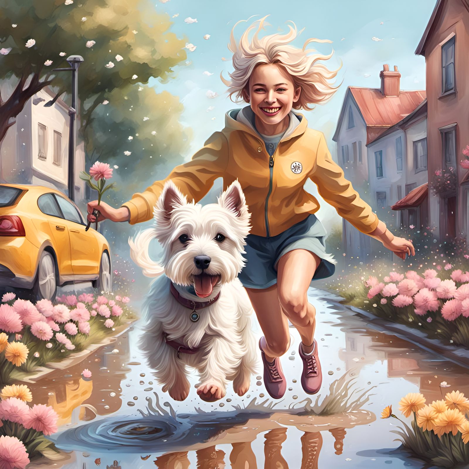 Girl and Westie Dog Play in Puddle: Digital Art