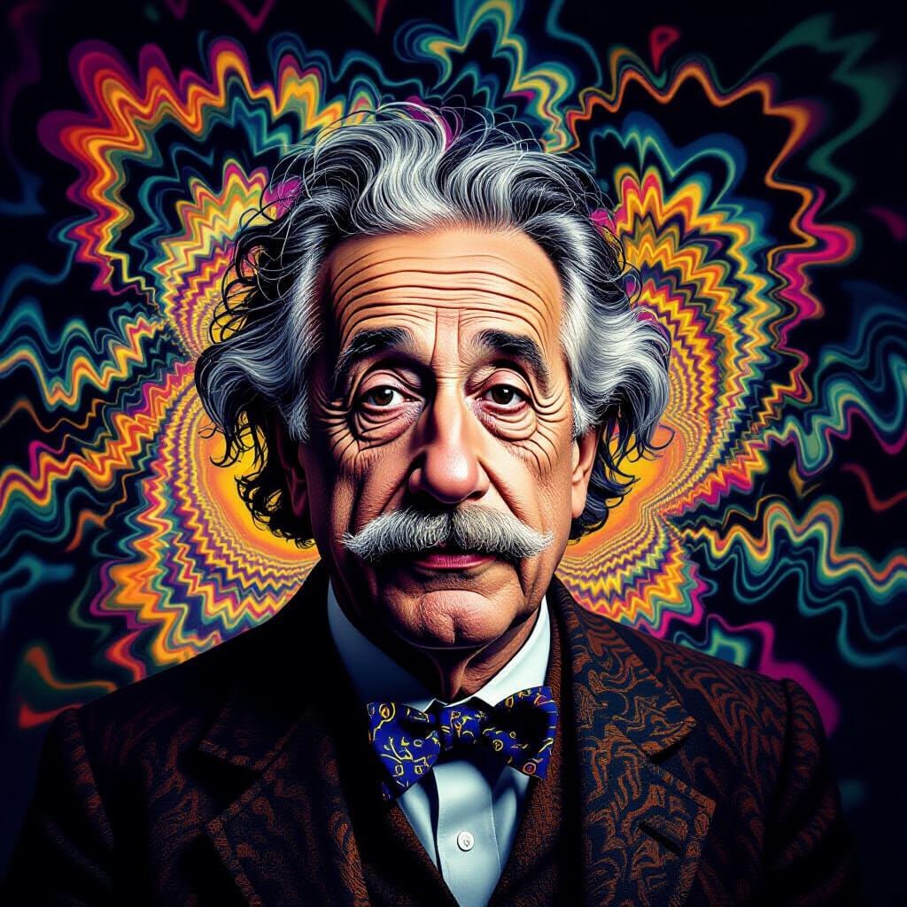 Surreal Einstein Portrait: Warped Fractals in Dynamic Light
