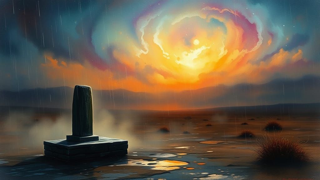 Ethereal Stone Figure in Misty Rain and Nebula Sky