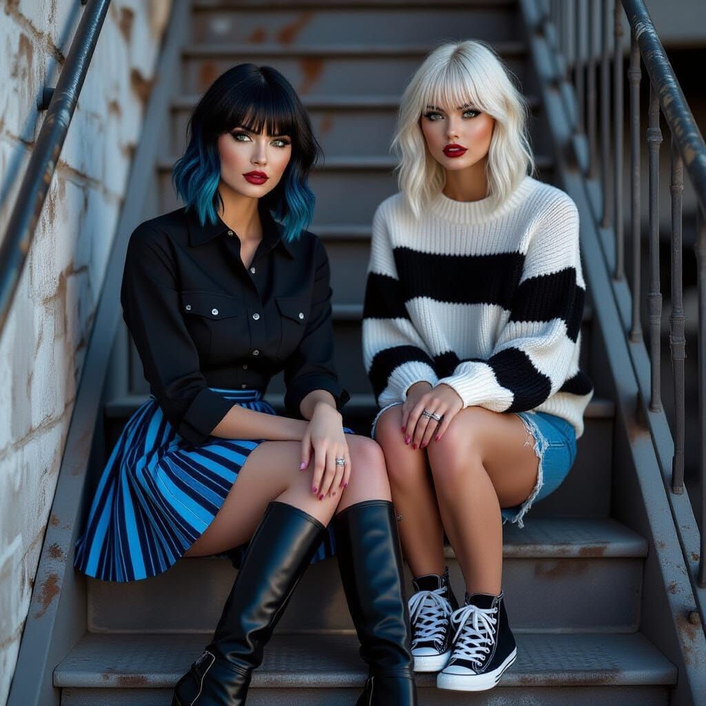 Women in Striking Outfits on Metal Stairs