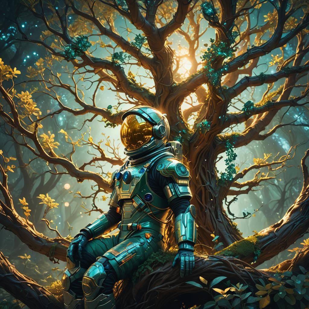Astronaut in Glowing Tree of Life: Fantasy Art