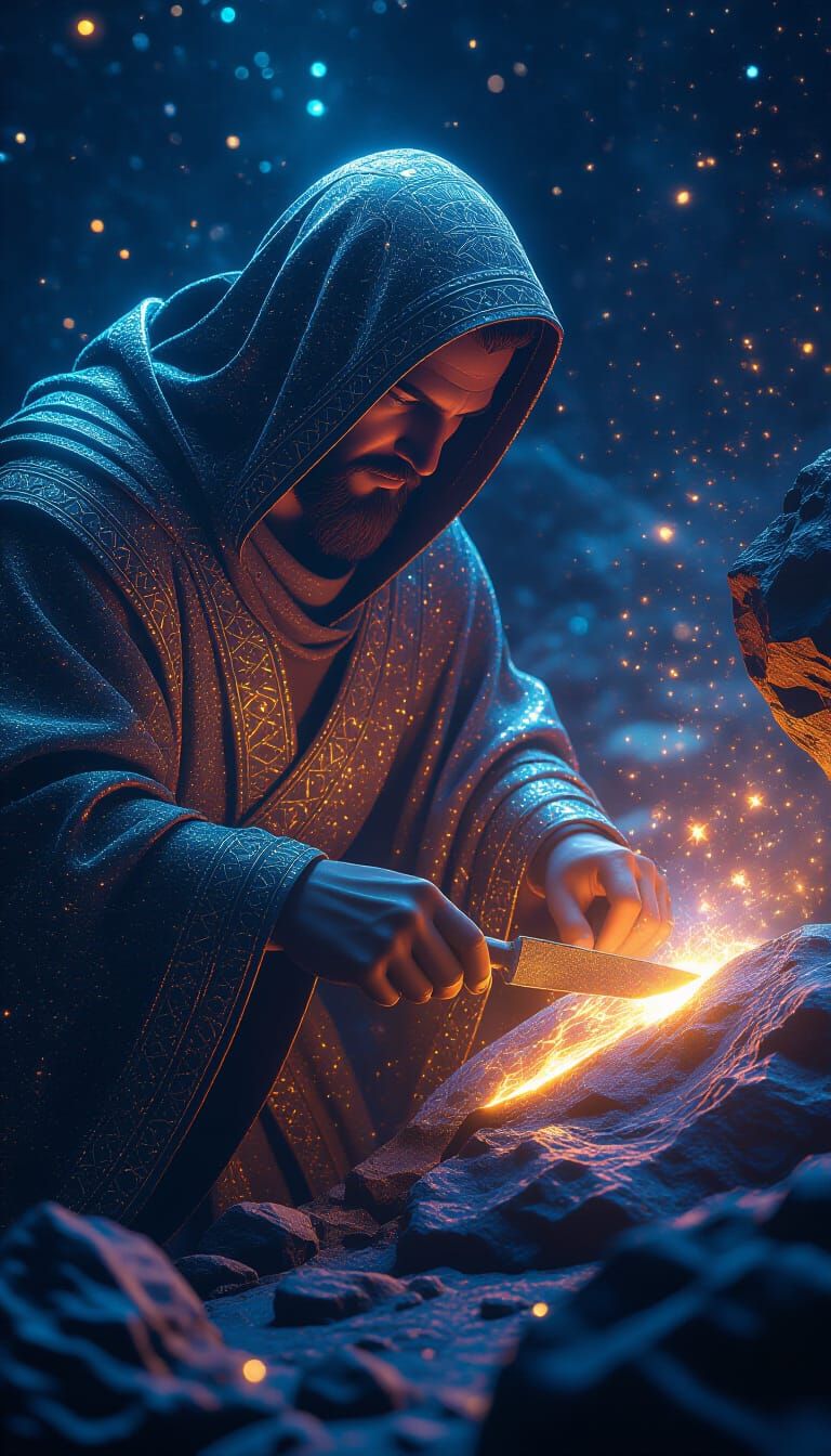 Celestial Sculptor Chisels Asteroid in Art Nouveau Style