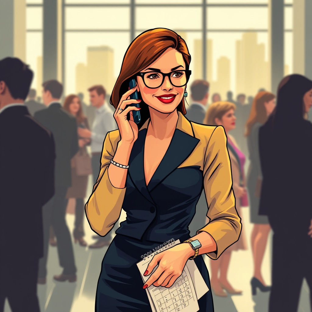 Woman with Phone at Event in Graphic Novel Style