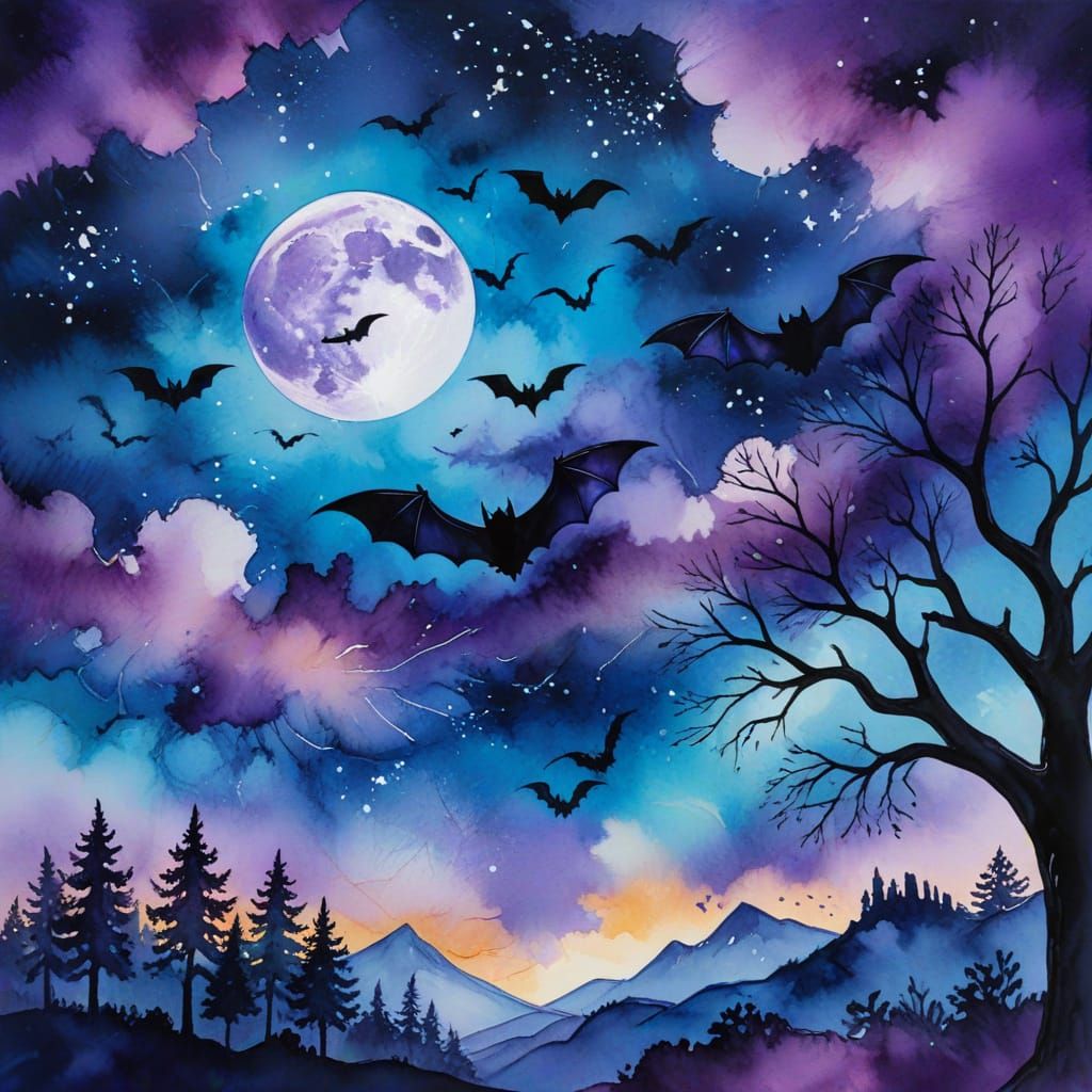 Bats in Midnight Sky: Expressive Alcohol Ink Gouache Paintin...