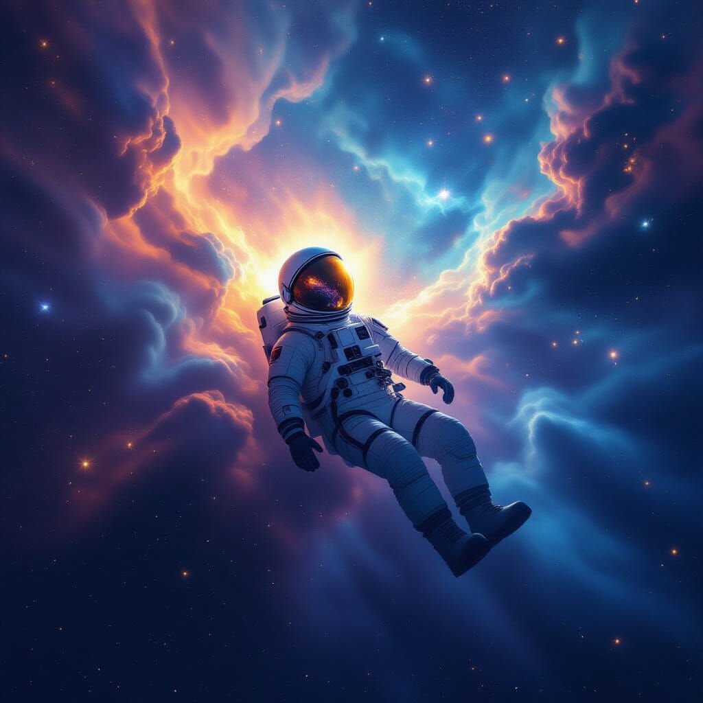 Astronaut Adrift in Vibrant Cosmic Nebula