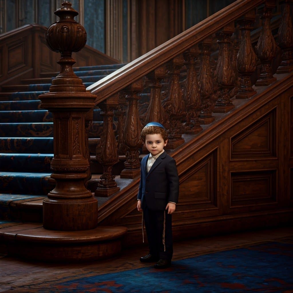 Orthodox Boy with Long Hair on Grand Staircase