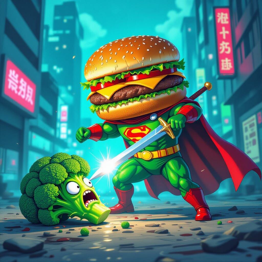 Hero Burger Stabs Broccoli Villain in Sci-Fi Scene