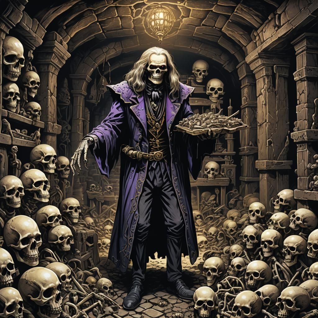 Sinister Cryptkeeper in Shadowy Catacomb, Pen and Ink