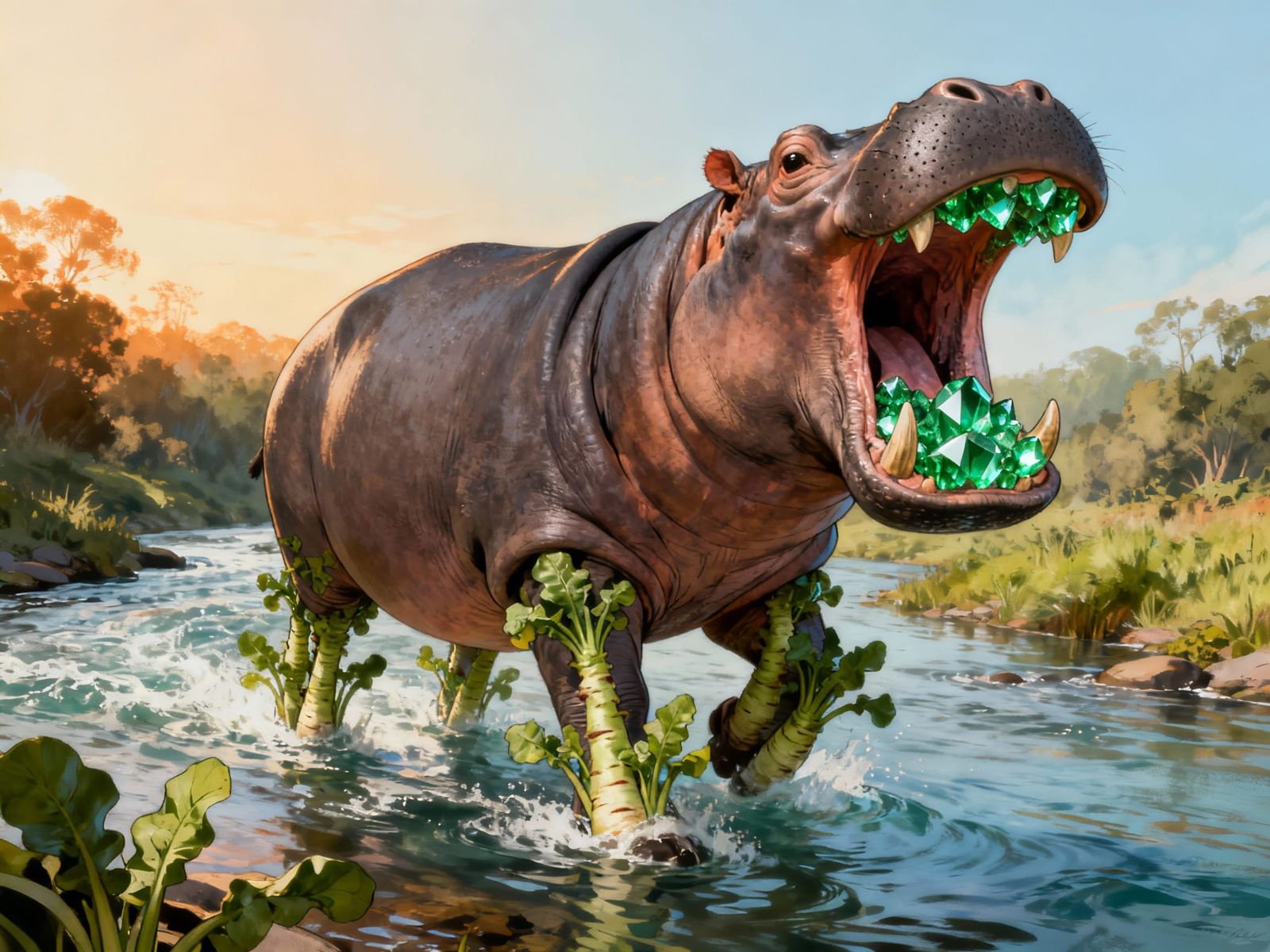 Hybrid Hippo with Crystal Teeth in Comic Art Style