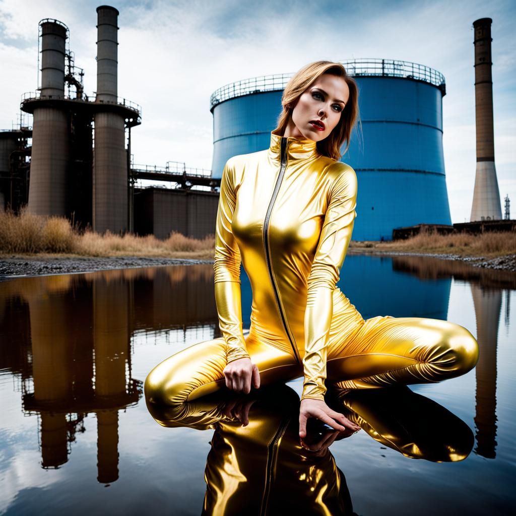 Woman in Yellow Latex Catsuit at Nuclear Plant
