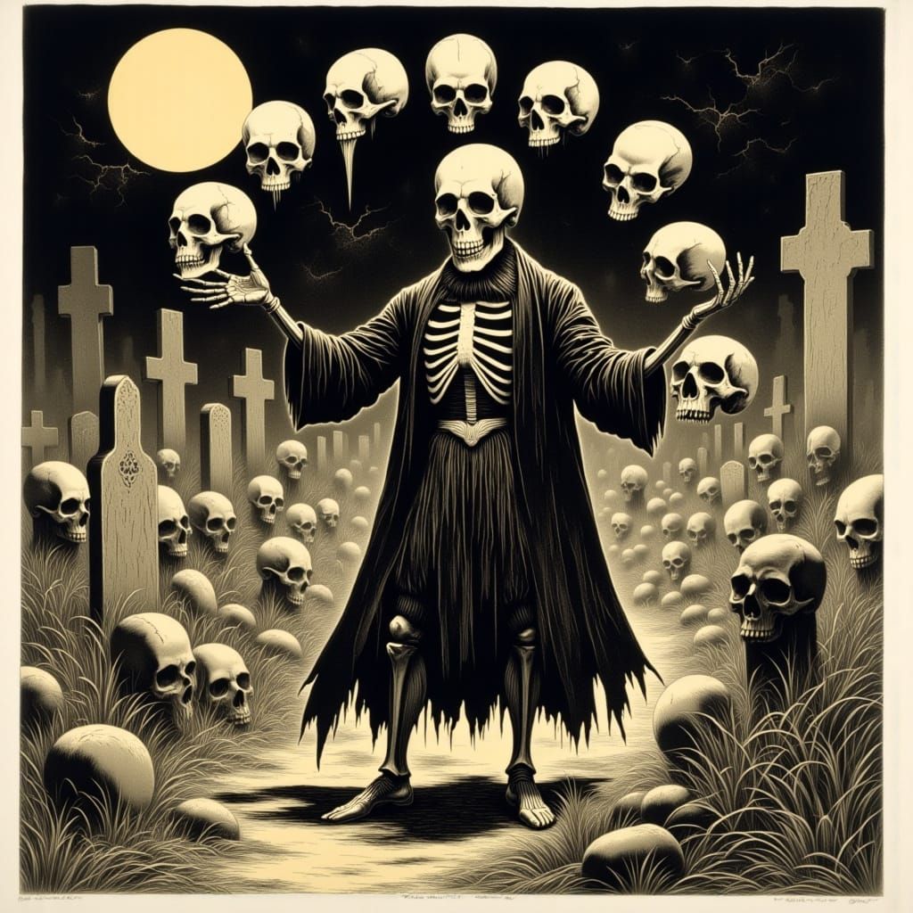 Ethereal Golden Age Illustration of Skelly Juggling Skulls i...