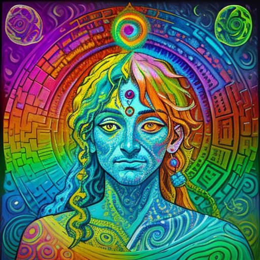 Spiritual guru with third eye open, enlightened guru putting dot on viewers forehead, third eye, psychedelic background,...