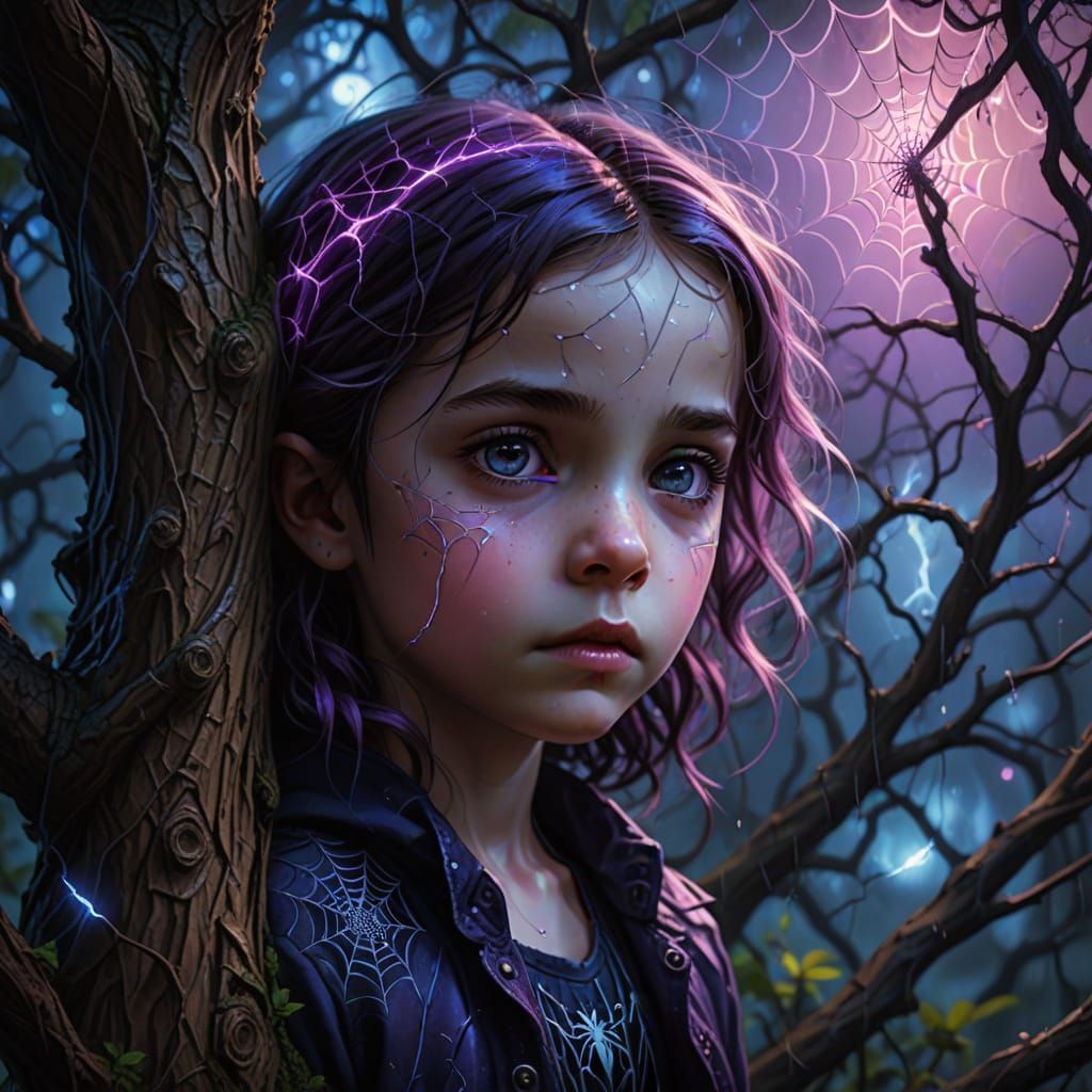 Child's Face of Spider Webs in Enchanted Oak Tree