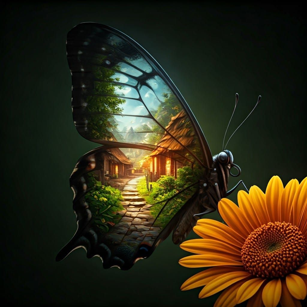 Butterfly with Village Scene: Fantasy Concept Art