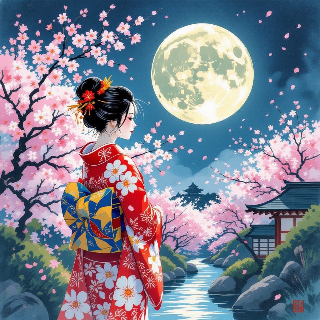 Kimono Woman Under Moon, Ukiyo-e Style