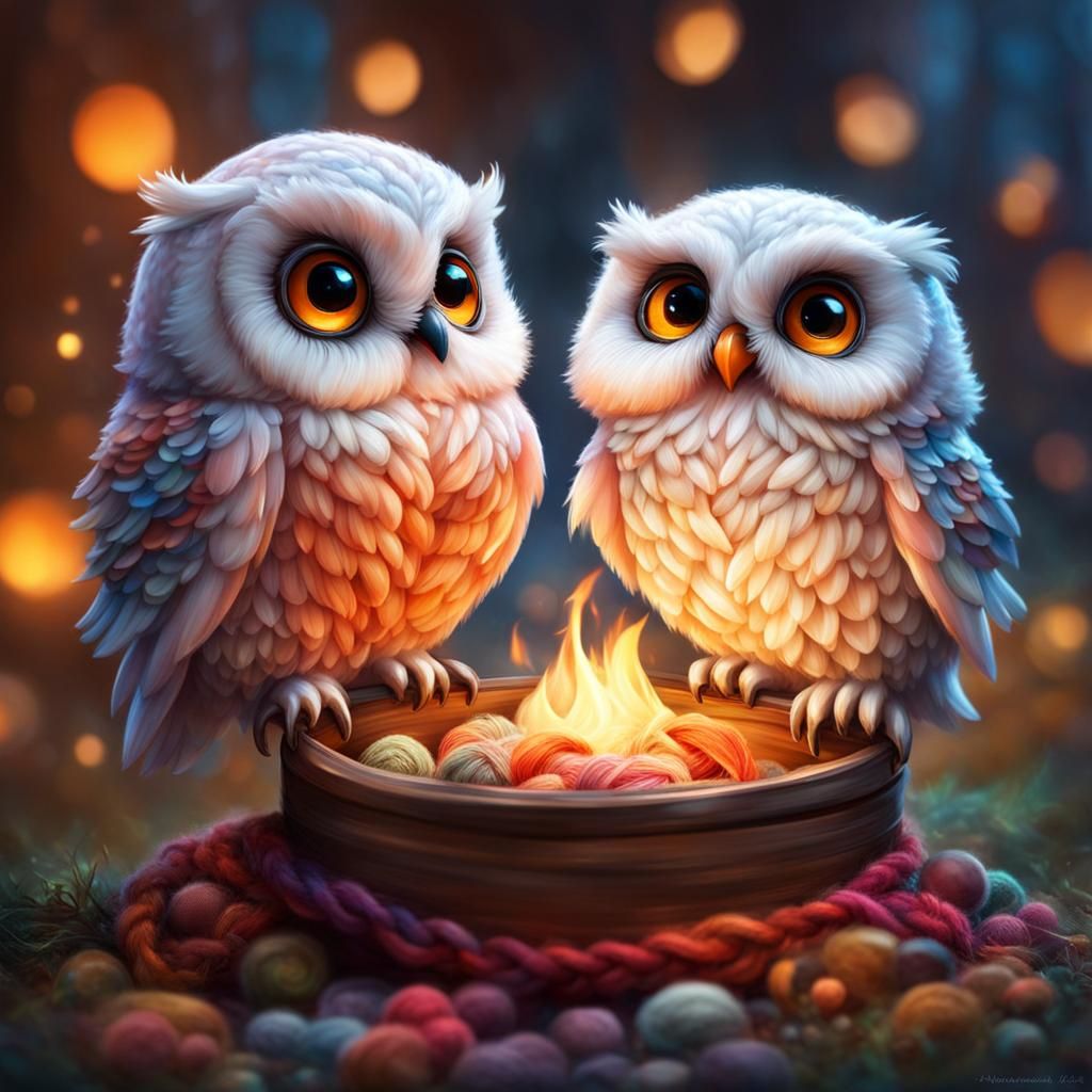 Colorful Chibi Owls Around Campfire in 3D