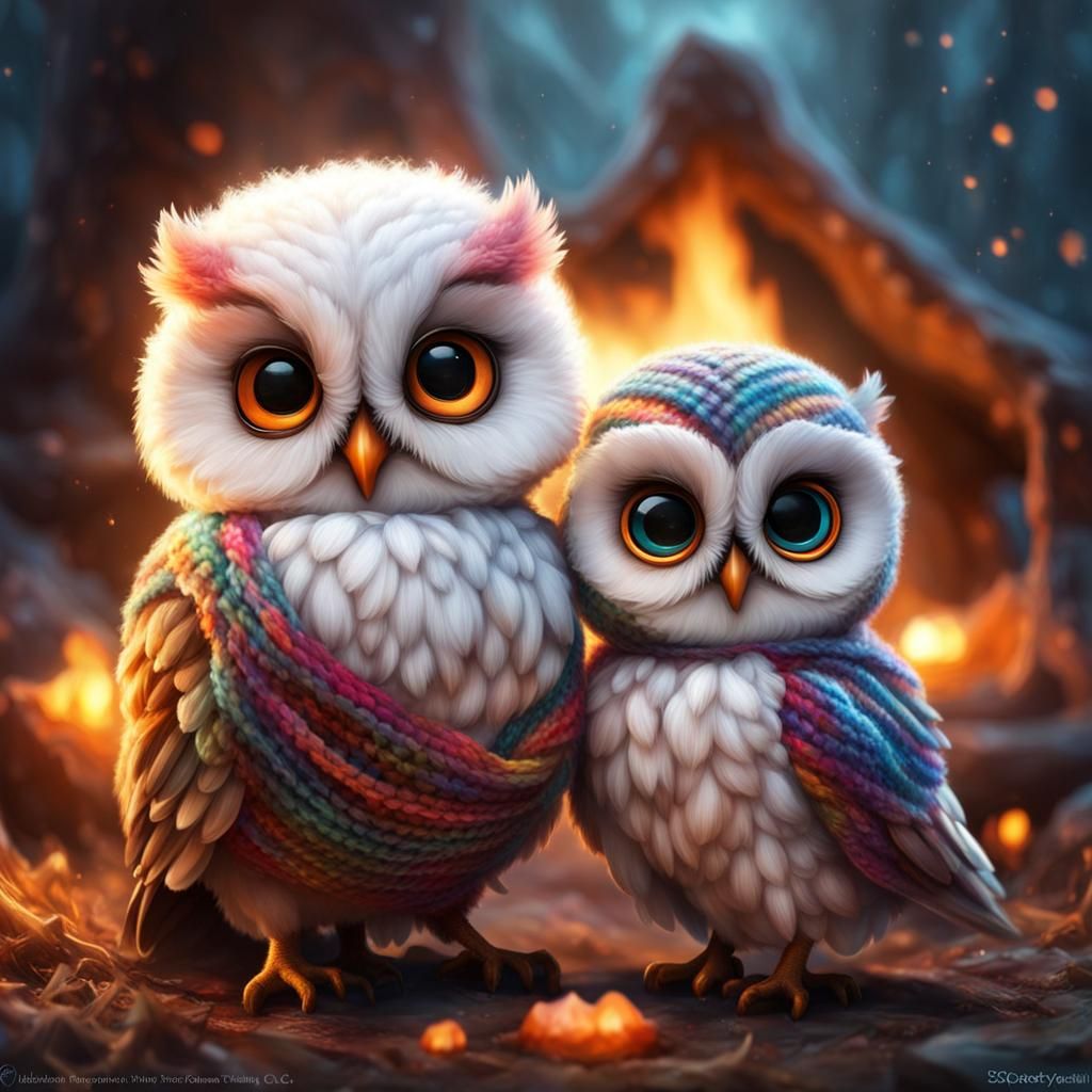 Colorful Baby Owls Around Campfire: Whimsical Fantasy Art