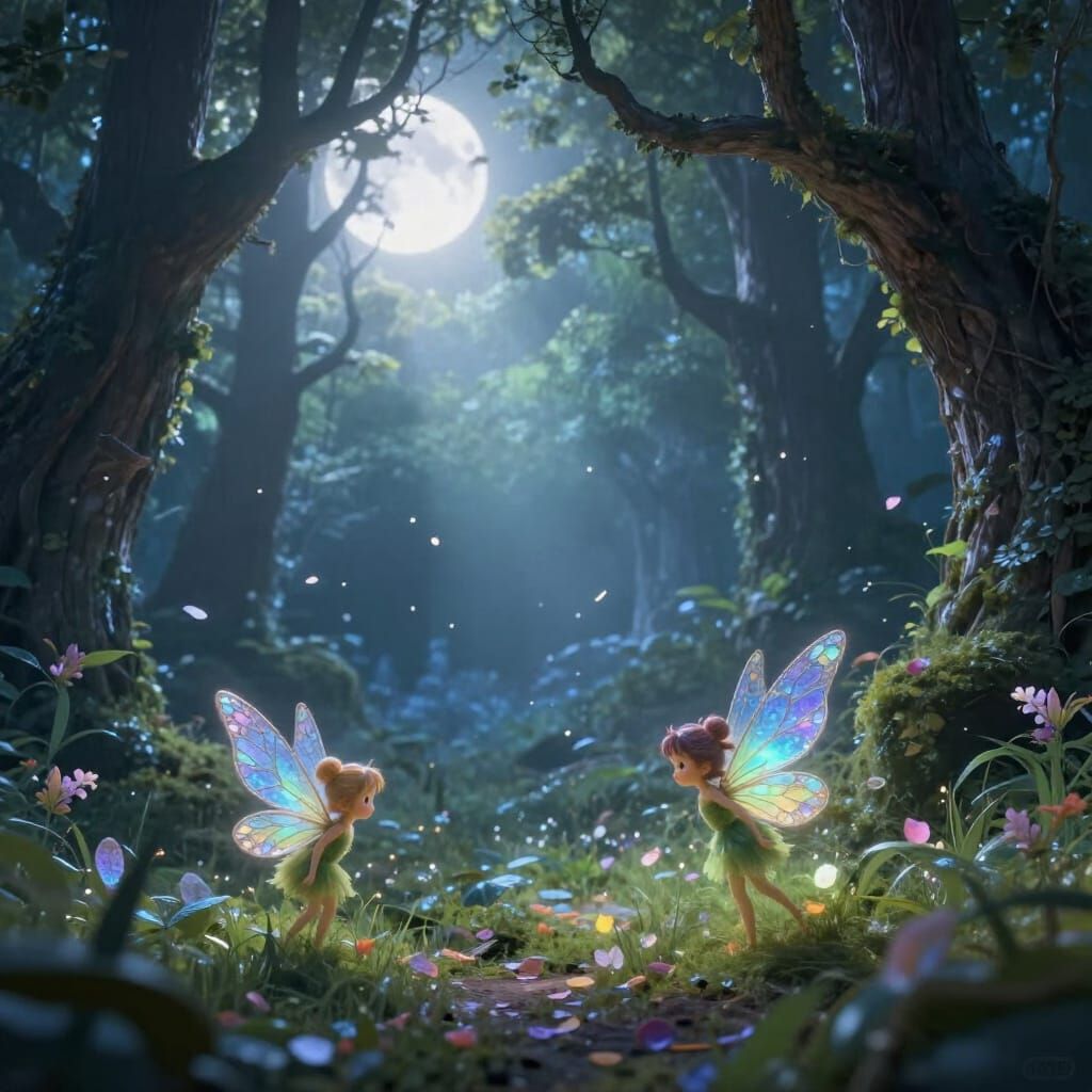 Ethereal Moonlit Glade with Fairies and Bioluminescent Glow