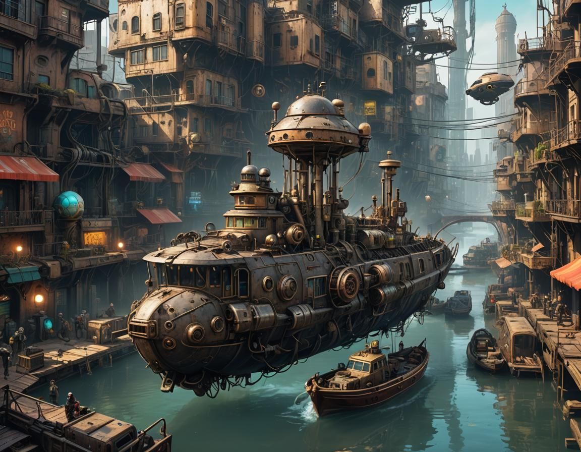 Cyberpunk Boat Bouncing Down Alien City River