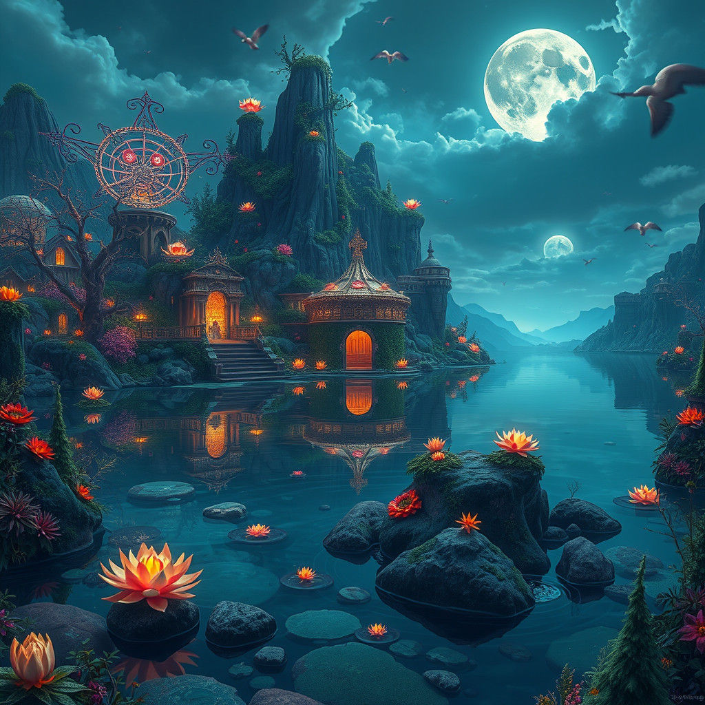 Mystical Lake Scene with Ethereal Flora and Fauna