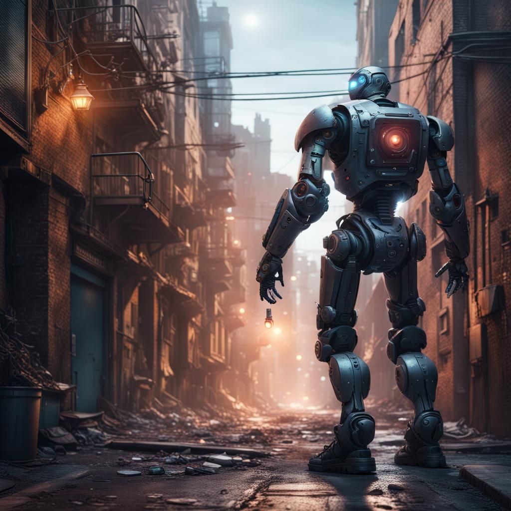 Cyborg Guardian in a Fantasy Alleyway