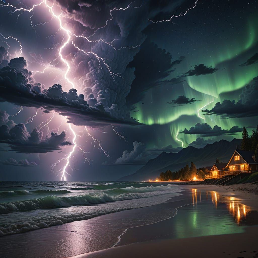 Epic Beachscape with Lightning and Aurora