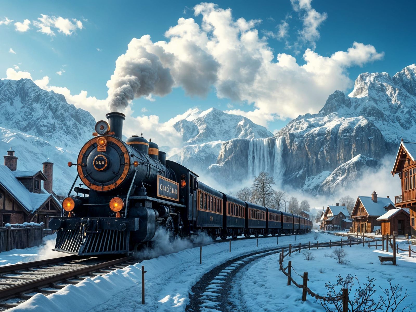 Majestic Steam Train Enchants Whimsical Village Scene