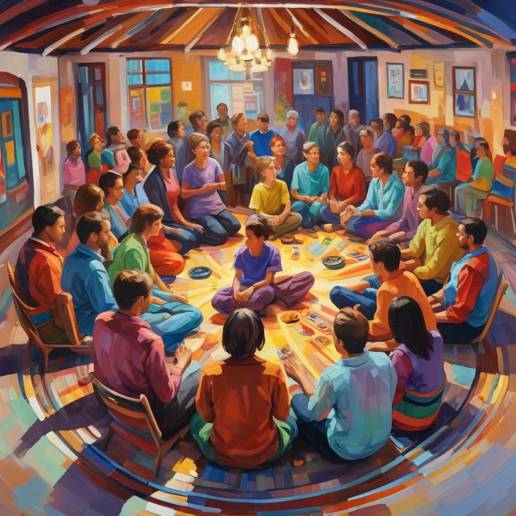 Colorful Expressionist Painting of a Support Group