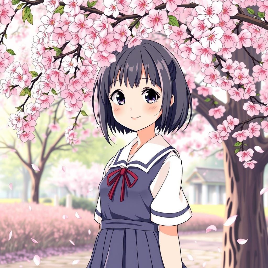 Manga-Inspired Girl in Cherry Blossom Wonderland