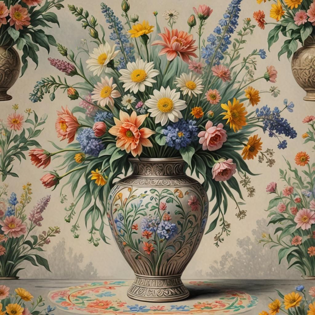 Antique Vase with Flowers in Pastel Pencil Sketch