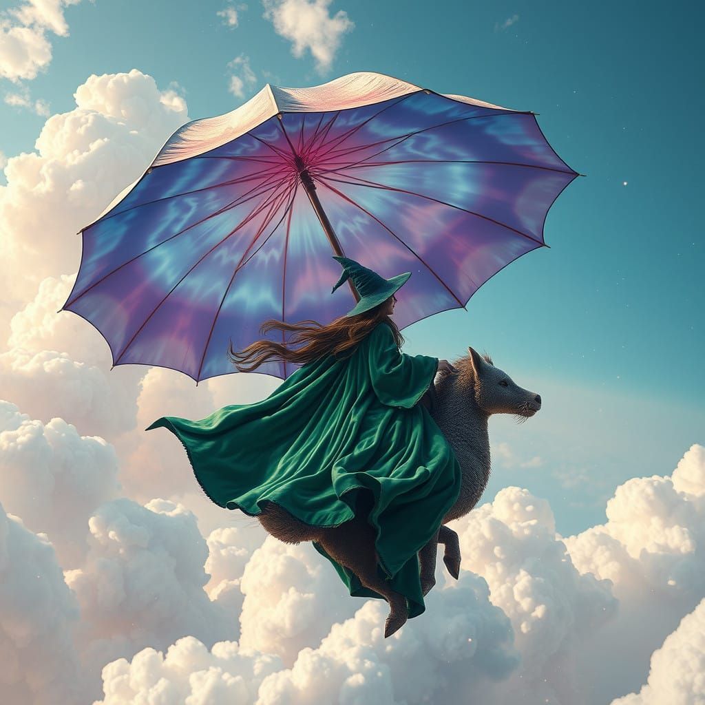 Witch Soars on Iridescent Umbrella in Vibrant Fantasy World
