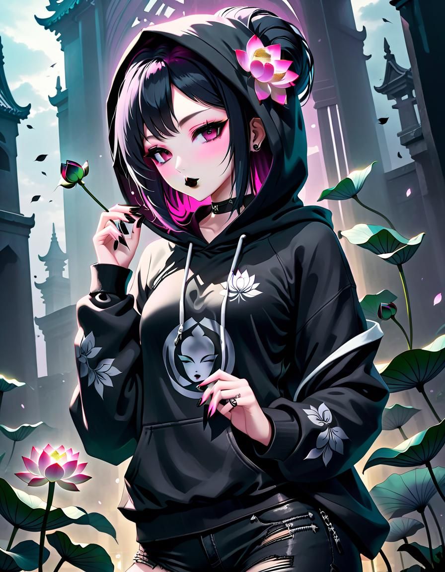 Gothic Emo Guanyin in Anime Style