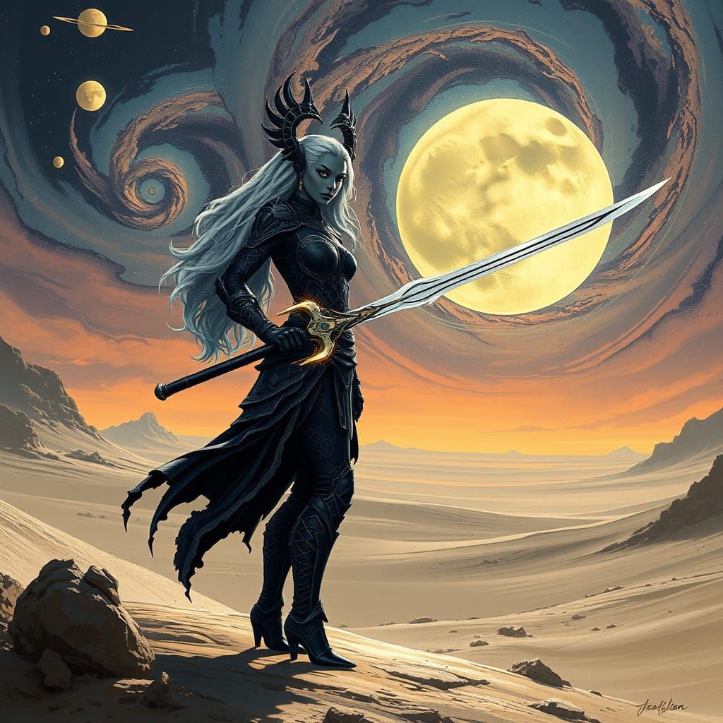 Surreal Alien Goddess in Obsidian Armor Wields Glowing Blade