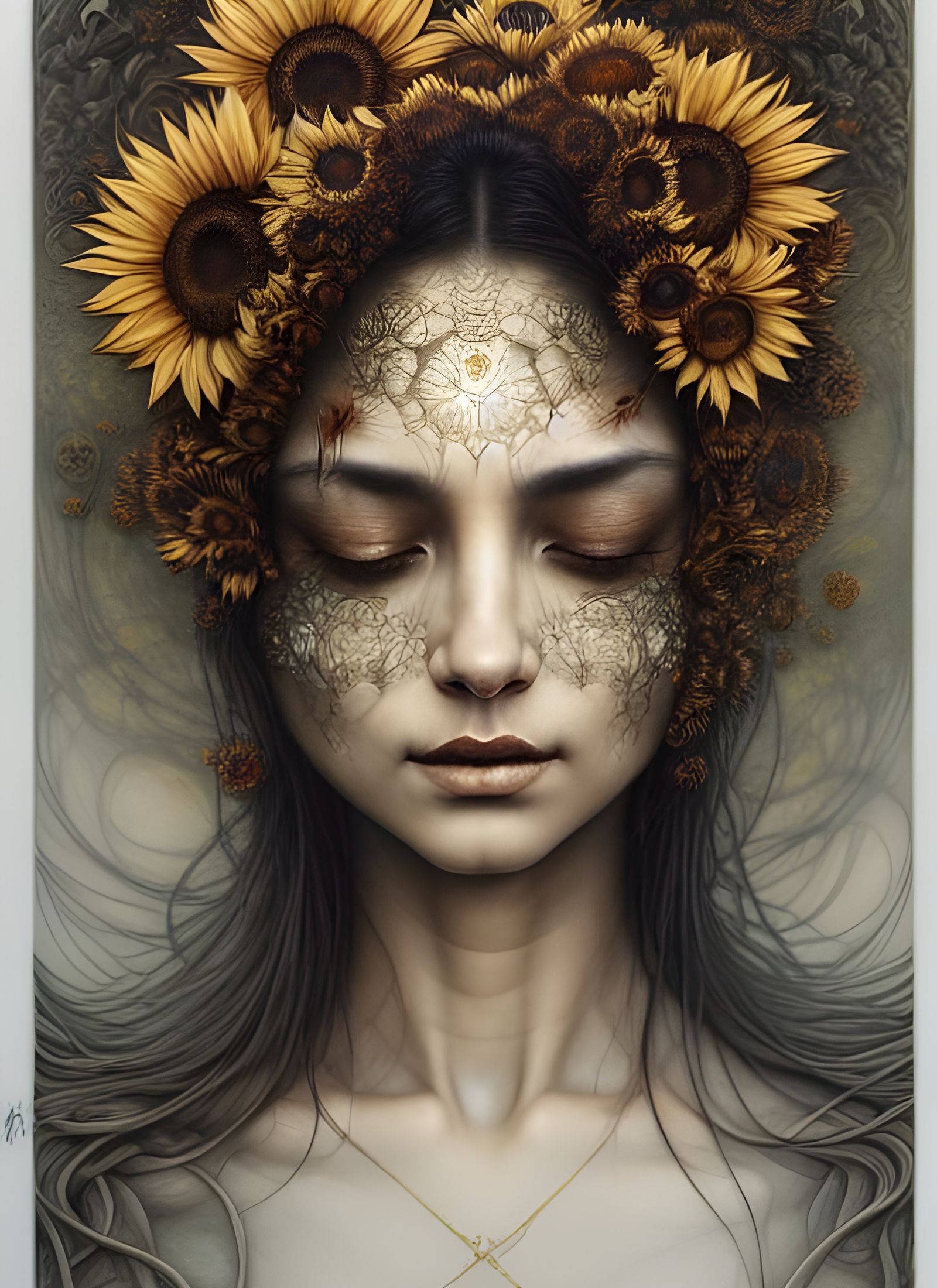 Sunflower Goddess Portrait in Acrylic Gouache Style