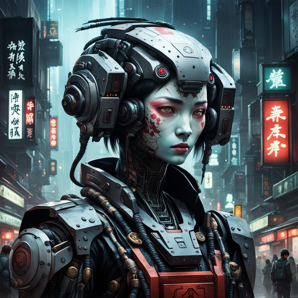 Cyberpunk Geisha Robot in Noir Cityscape