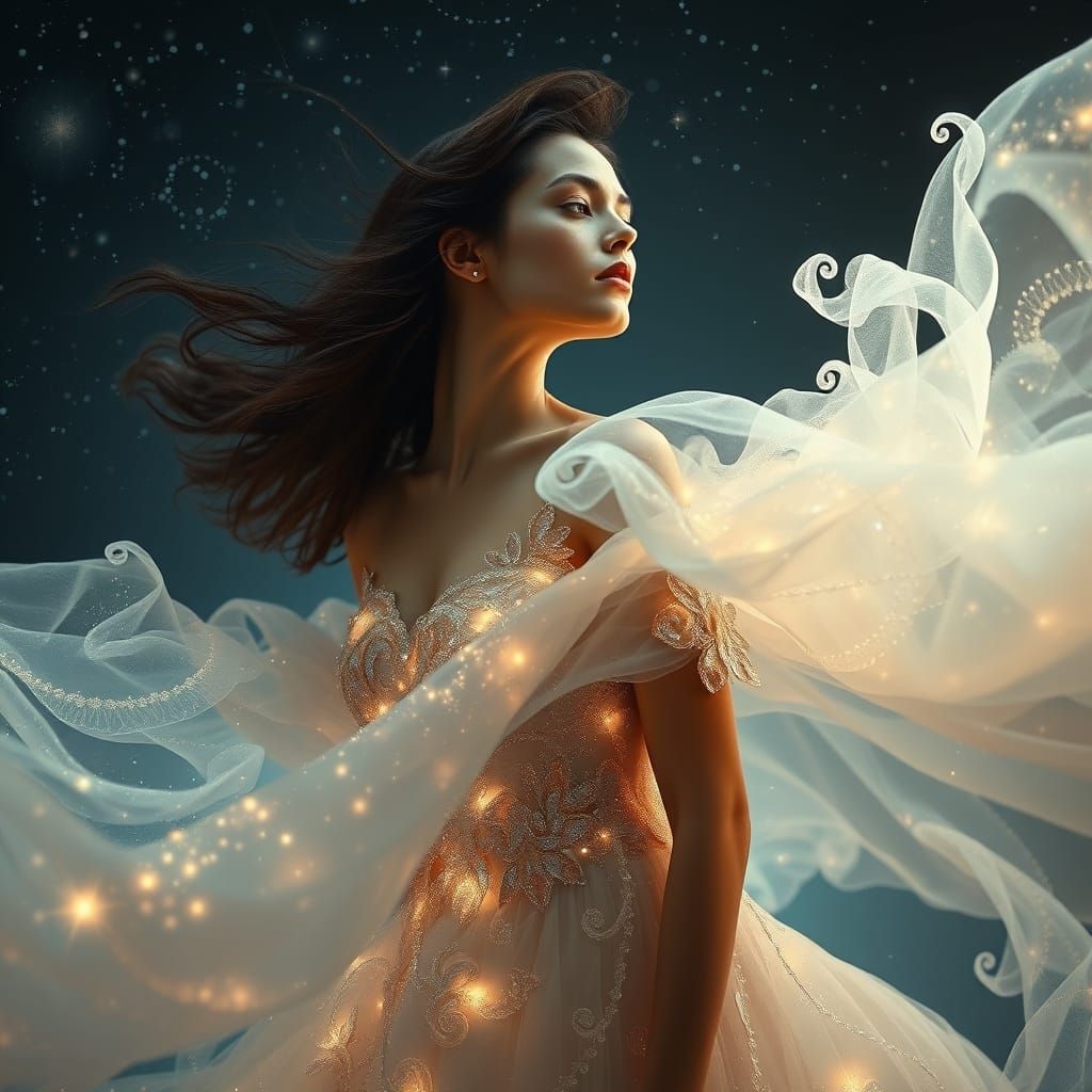 Woman in Starlight Gown Adorned with Moon Dust