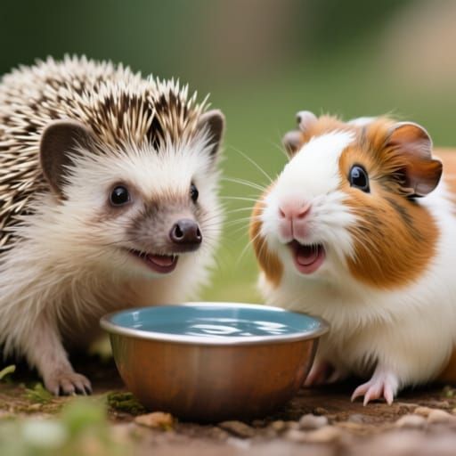 Hedgehog and Guinea Pig Friends Sharing Water