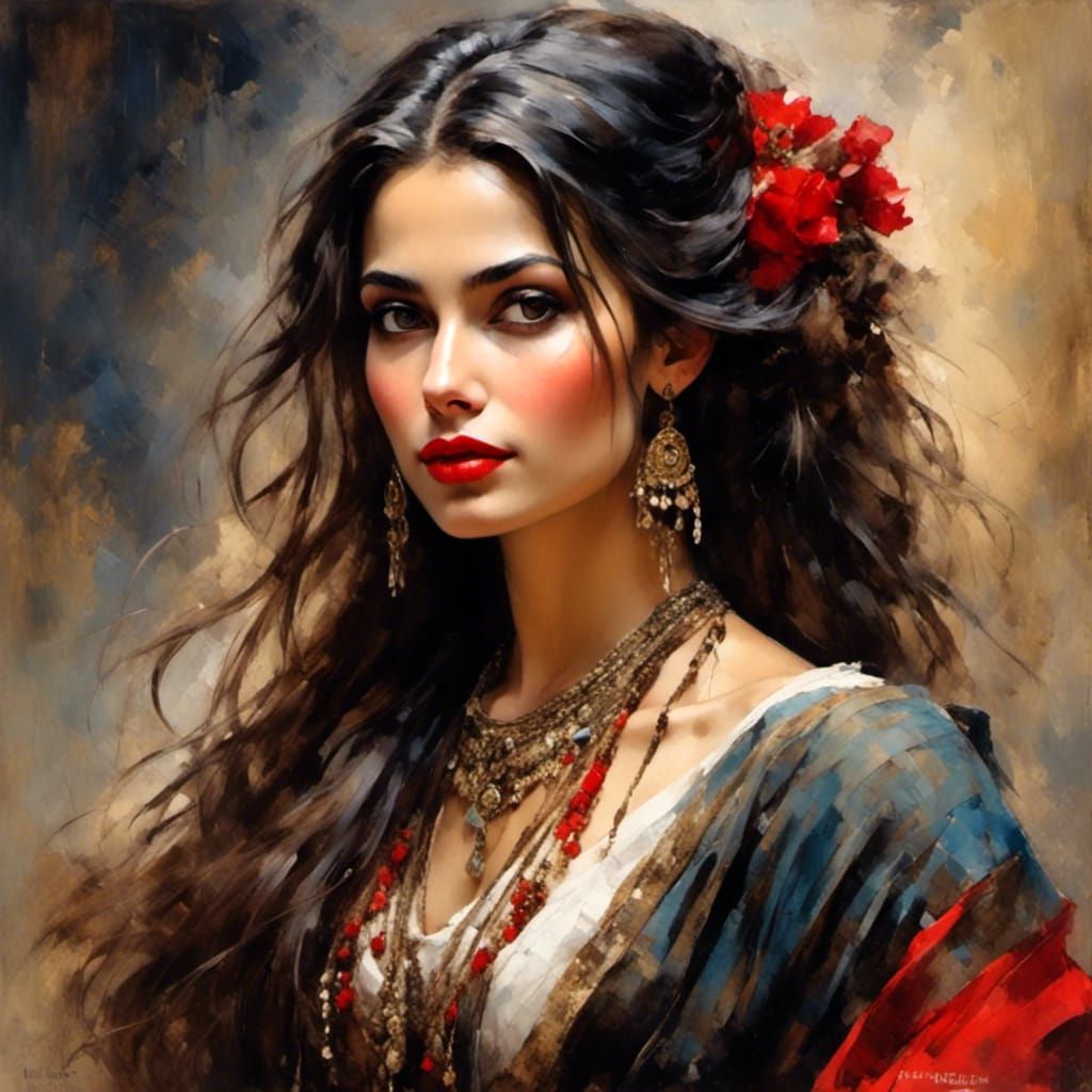 Beautiful Gypsy Woman with Dark Hair and Red Lips