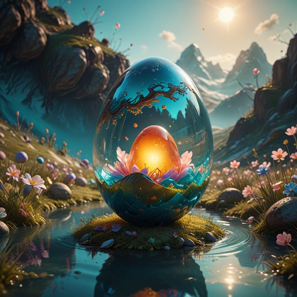 Surreal Easter Egg in Vibrant Dreamlike Landscape