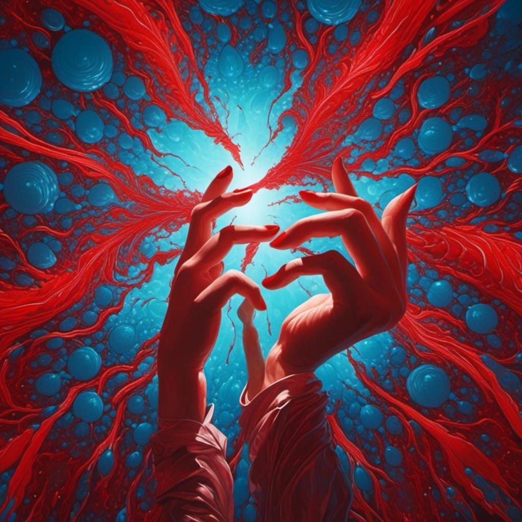 Reaching Hands for Red Object in Vibrant Style