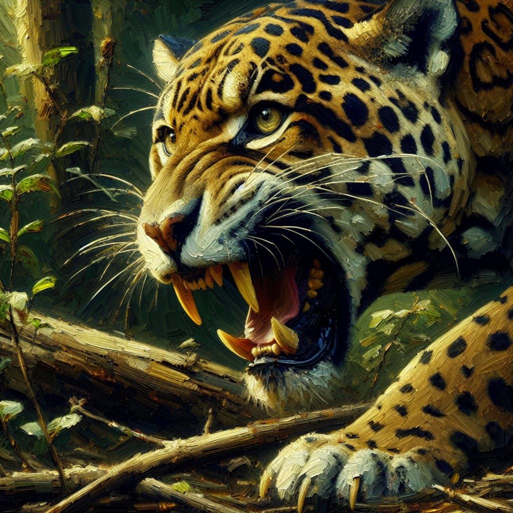 Intimate Close-up of Growling Jungle Jaguar as Impasto Paint...