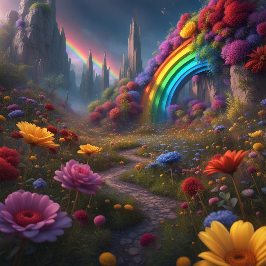 Fantastical Rainbow Flowers in Detailed Matte Painting