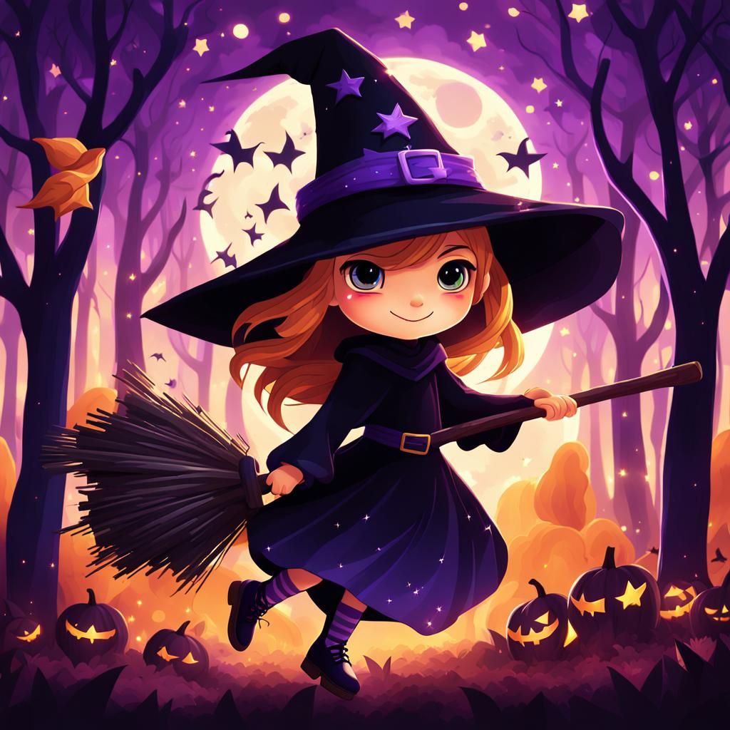 Chibi Witch Rides Broom in Dark Forest