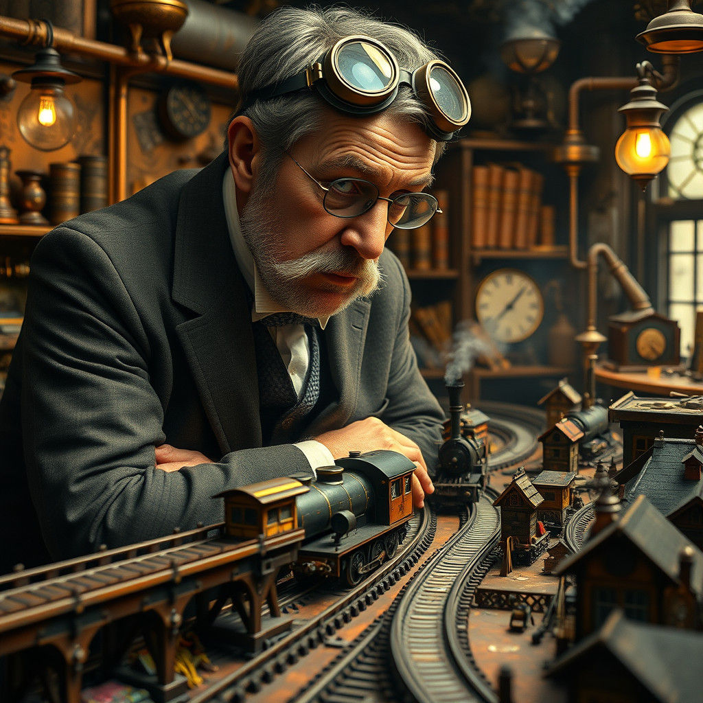 Victorian Inventor Observes Steampunk Model Railway