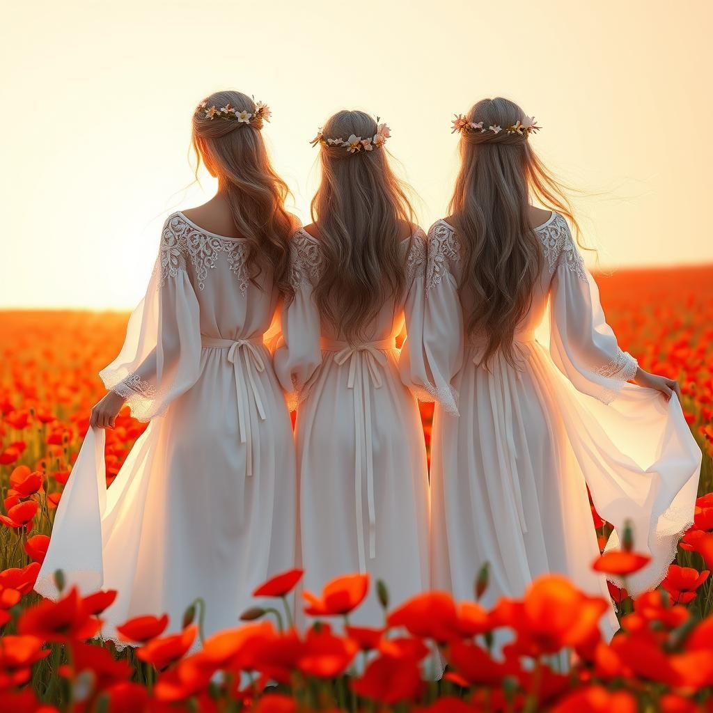 Women in White Gowns in Poppy Field, Dreamscape