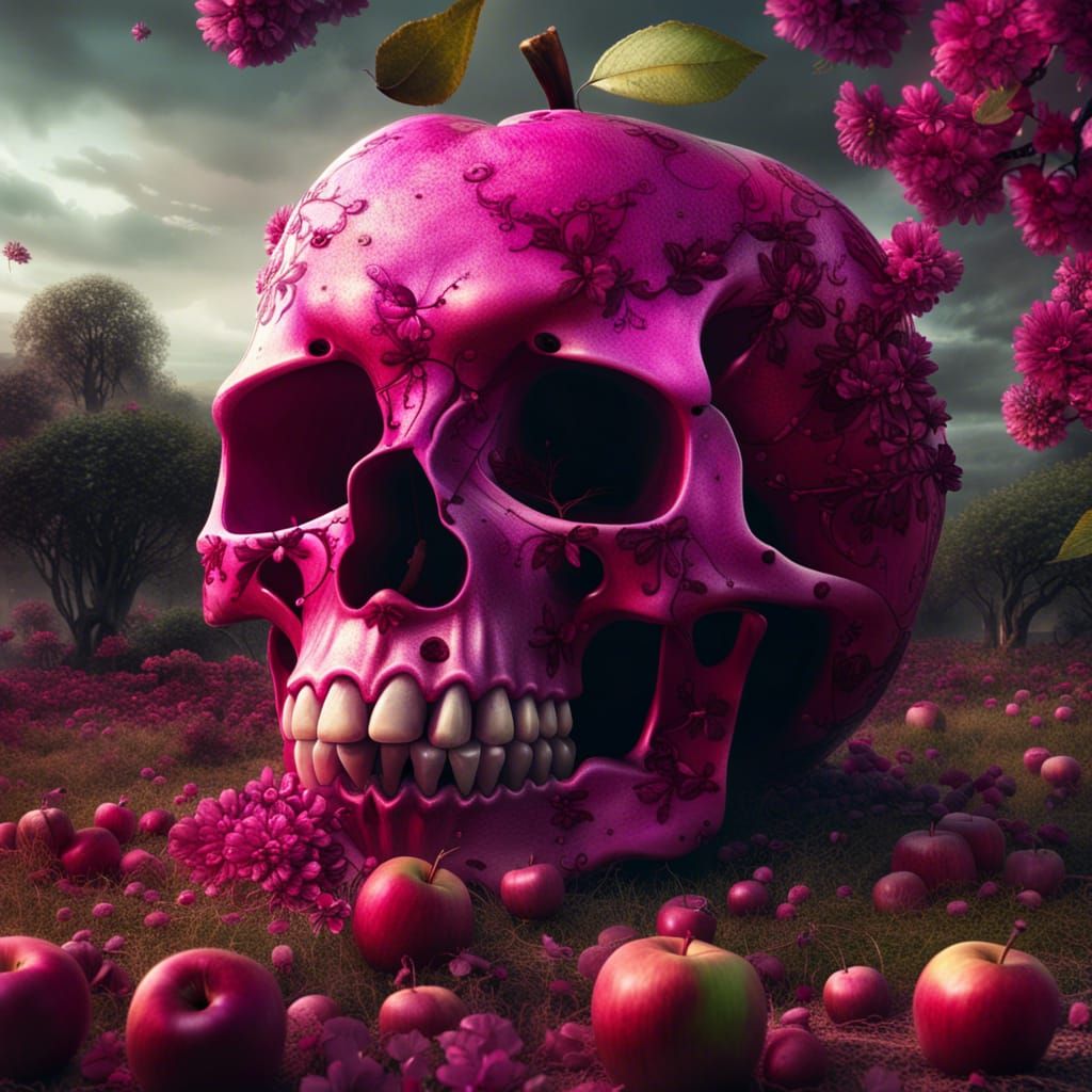 Magenta Skull Licking an Apple in Garden