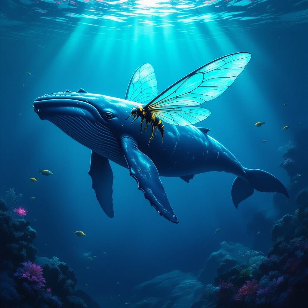 Surreal Whale-Hornet Hybrid in Deep Sea