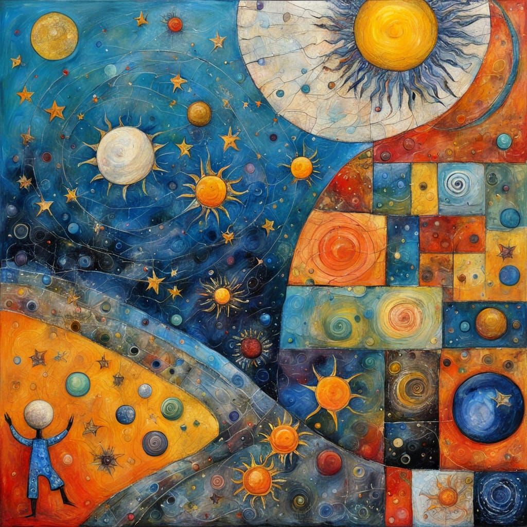 Sun and Moon Solar System Dance, Naive Encaustic Painting