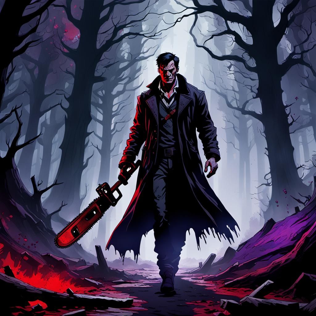 Dark Fantasy Portrait of Ash Williams in a Haunted Forest
