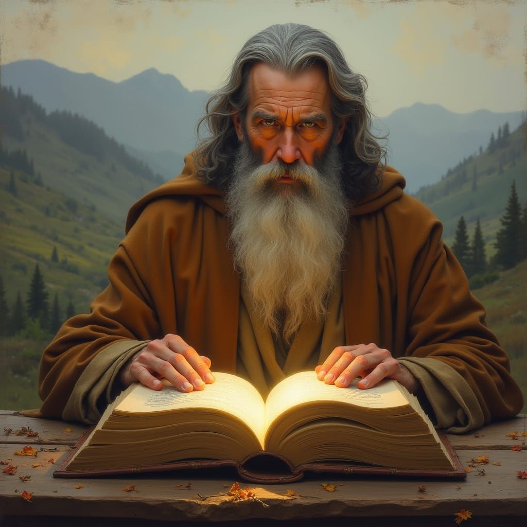 Mystical Sage Shares Ancient Wisdom in Ethereal Landscape